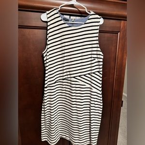 TALBOTS Cotton Knit Sheath Dress Black White Bias Stripe Pockets Sleeveless